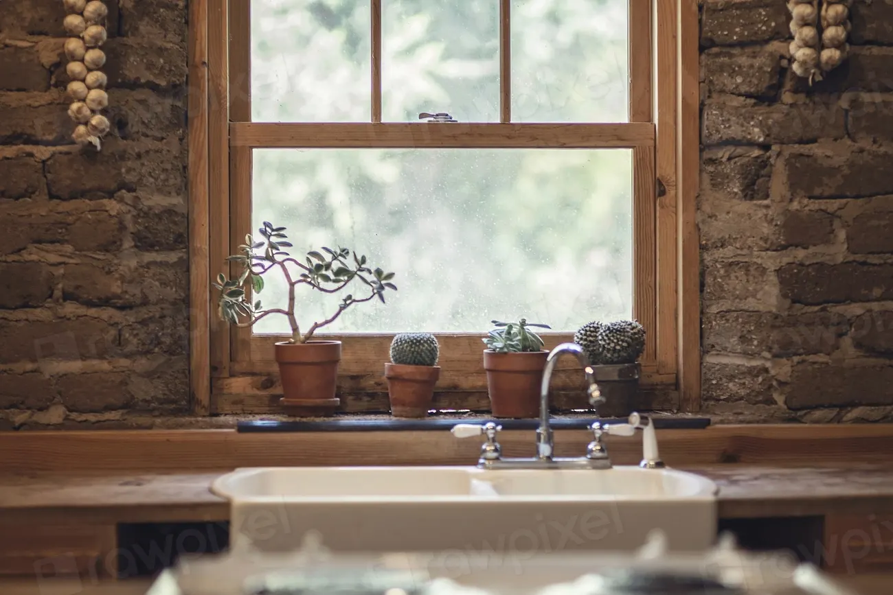 A farmhouse sink under a window with plants on the sill